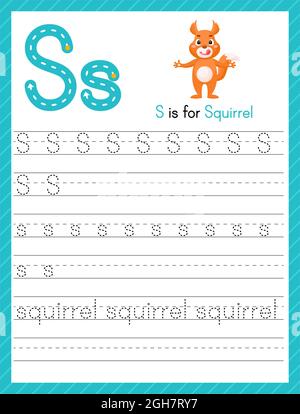Trace letter S uppercase and lowercase. Alphabet tracing practice preschool worksheet for kids learning English with cute cartoon animal. Activity pag Stock Vector