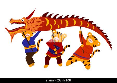 Cartoon illustration for children, Chinese New Year. A tiger and a Chinese dragon. Vector isolated on a white background Stock Vector