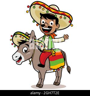 Cartoon Mexican man riding a donkey. Stock Photo
