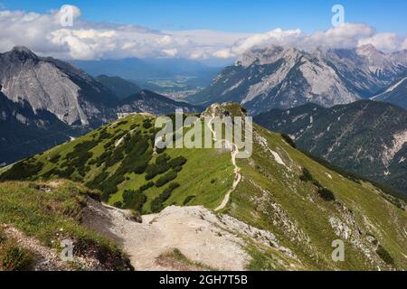 Beautiful View from Seefelder Spitze of Austrian Alps during Summer. Landscape, Karwendel, Tyrol, Austria, Nature, Hike, Adventure. Stock Photo