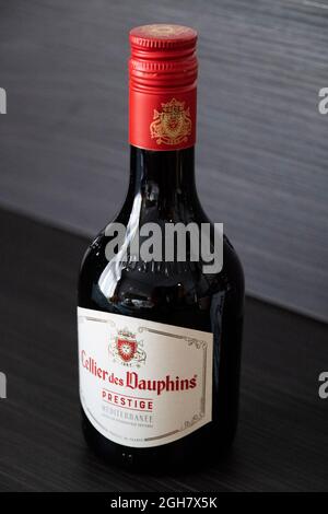 Bottle of Cellier des Dauphins Prestige french red wine Stock Photo