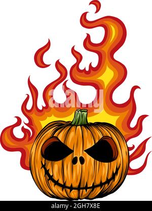Vector of a Scary Flaming Halloween Pumpkin Jack O Lantern Head Stock Vector