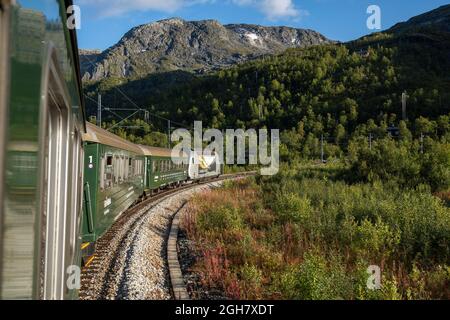 Flamsbana - the Flam railway sightseeing touristic train, Flam, Norway, Europe Stock Photo