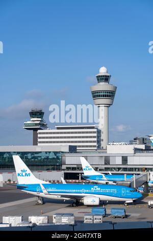 KLM airline airplanes at Schiphol Airport in Amsterdam, The Netherlands, Europe Stock Photo