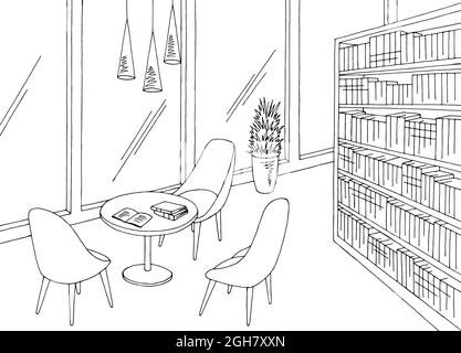 Library interior graphic black white modern sketch illustration vector Stock Vector