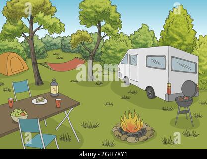 Camping graphic color landscape sketch illustration vector Stock Vector