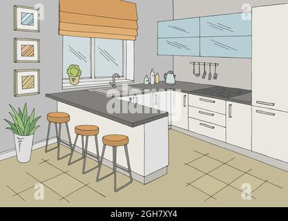 Kitchen room interior color graphic sketch illustration vector Stock Vector