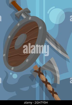 Viking poster with shield and weapons. Scandinavian placard design in cartoon style. Stock Vector