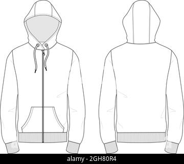 Long sleeve hoodie With zipper technical fashion Drawing flat sketch template front and back view. Cotton fleece fabric dress design vector Stock Vector