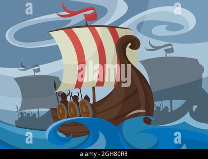 Viking banner with drakkar. Scandinavian placard design in cartoon style. Stock Vector