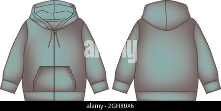 Hoodie. Technical fashion flat sketch Vector template. Cotton fleece Apparel sweatshirt With acid washed body fabric clothing hood illustration Stock Vector