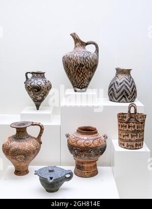 Minoan, bronze age, pottery and stone items, from the late new palace period, 1450 BC. On display  in Heraklion Archaeological Museum, Crete, Greece. Stock Photo