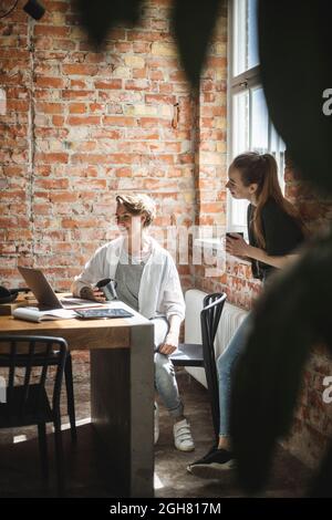 Female colleagues having coffee while using laptop startup company Stock Photo