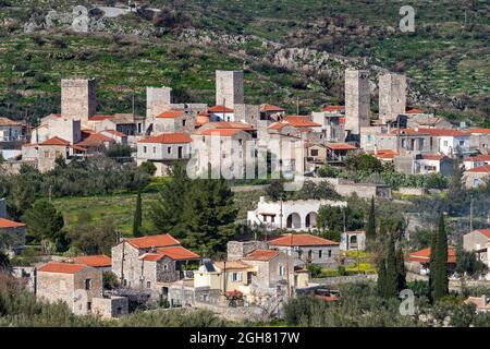 Looking across to the towers of Flomochori in the Eastern Mani, Lakonia, Peloponnese, Southern Greece Stock Photo