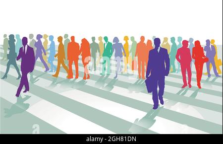 Street with pedestrians on the crosswalk, large people group illustration Stock Vector