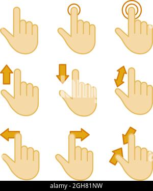 Colorful cartoon hand movement icons for mobile. Touch screen common gestures set. Vector illustration element for site, manual, instruction, leaflet Stock Vector