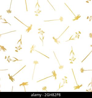 Floral seamless vector pattern metallic gold foil effect. Golden flowers on white background wild grass flowers elegant. Delicate nature print for Stock Vector
