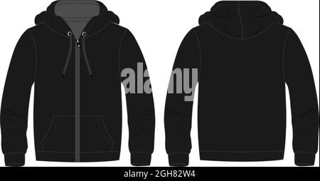 Hoodie. Technical fashion flat sketch Vector template. Cotton fleece fabric Apparel hooded with zipper sweatshirt illustration black color mock up Stock Vector
