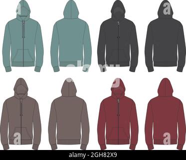 Hoodie. Technical fashion flat sketch Vector template. Various color Cotton fleece fabric Apparel sweatshirt illustration mock up. Clothing outwear. Stock Vector