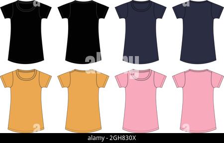 Multi colors Short sleeve t shirt dress design template for baby girls.Technical fashion flat sketch Round crew neckline vector illustration mock up. Stock Vector