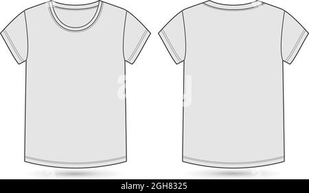 Regular fit Short sleeve basic t shirt vector template for ladies and baby girls. Technical fashion flat sketch crew neckline illustration mock up. Stock Vector