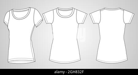 Cotton jersey Shorts sleeve t shirt tops for ladies. Technical fashion flat sketch vector illustration template. Regular slim fit round neckline mock Stock Vector
