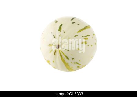 Ivory gaya melon with green and yellow dashed striations and flecks isolated on white. Colorful ripe fruit. Stock Photo