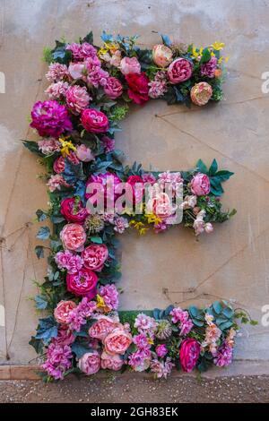 Floral Capital Letter E On Wall of Building Stock Photo