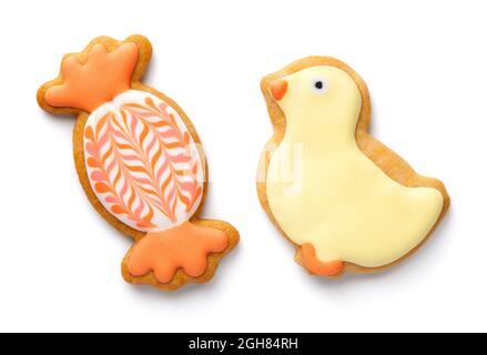 Easter cookies isolated on white background. Candy and chick. Flat lay. Top view Stock Photo