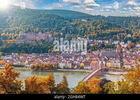 Heidelberg Germany, city skyline at Heidelberg Palace and Neckar river with autumn foliage season Stock Photo