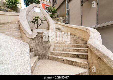 Kamondo Stairs, a famous pedestrian stairway leading to Galata Tower, built around 1870, located on Banks Street in Galata, Karakoy district of Istanbul, Turkey Stock Photo