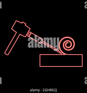 Neon hammer and wood carpentry red color vector illustration flat style light image Stock Vector