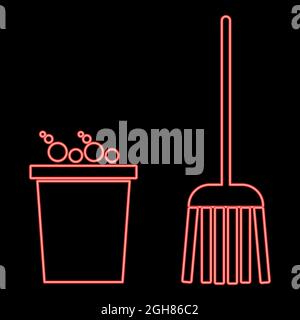 Neon bucket and broom red color vector illustration flat style light image Stock Vector