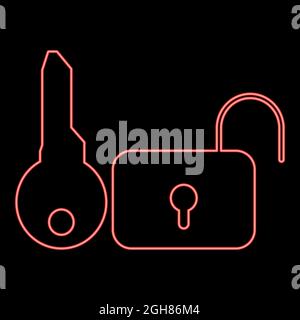 Neon key and lock red color vector illustration flat style light image Stock Vector