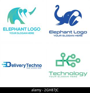 Technology software elephant and tech circuit network logo design Stock Vector