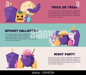 Halloween Web Horizontal Banners in a flat style. Vector Illustration for Website Header.  Stock Vector