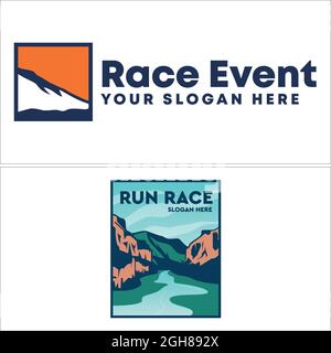 Adventure event nature mountain river logo design Stock Vector