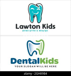 Dental kids medical with tooth smile line art logo design Stock Vector