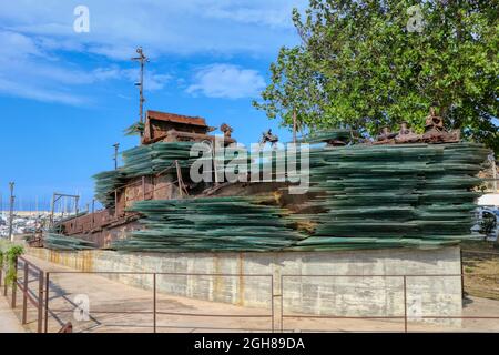 Kater I Rades, the Albanian patrol boat, stolen for trafficking in immigrants, collided with an Italian Navy ship is now a monument in Otranto, Salent Stock Photo