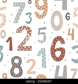 Seamless pattern with doodle hand drawn number in Scandinavian Style. Vector background with colorful pastel numbers on white, kids nursery backdrop Stock Vector