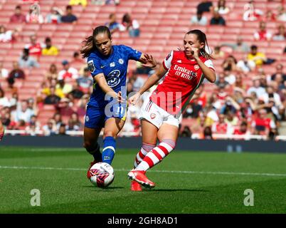 LONDON, ENGLAND - SEPTEMBER 05:L-R Chelsea Ladies Guro Reiten and  Noelle Maritz of Arsenal during Barclays FA Women's Super League between Arsenal Wo Stock Photo