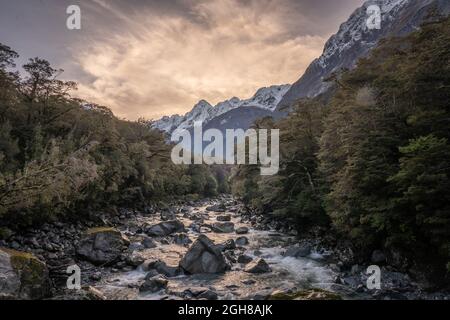 Scenic Tutoko Valley in Milford Sound, New Zealand Stock Photo