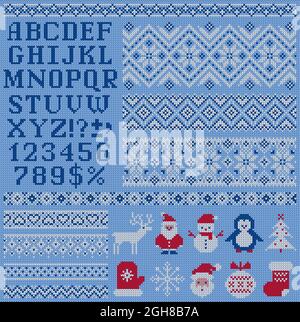 Knitted sweater patterns, elements and alphabet for Christmas,  New Year or winter design. Vector set. Scandinavian seamless ornaments, letters, Santa Stock Vector