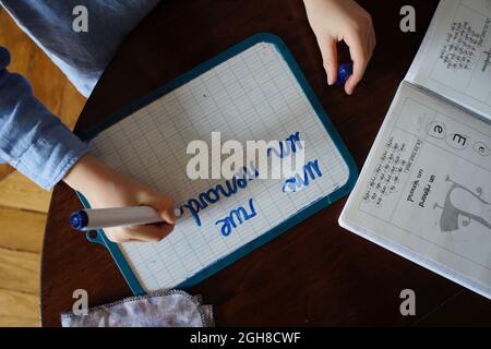 Child being home schooled, Learning to write cursive script, Paris, France Stock Photo