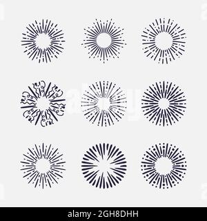 Hand drawn sunbursts set Vector illustration. Stock Vector