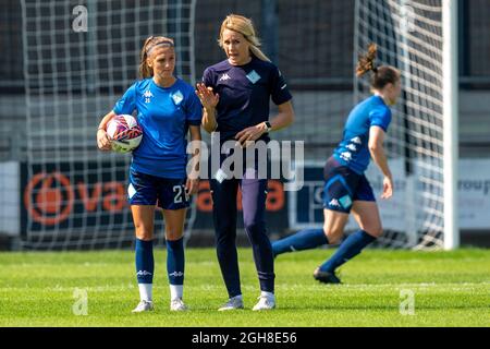 Dartford, UK. 05th Sep, 2021. Annie Rossiter (21 London City Lionesses) discusses tactics with London City Lionesses First Team Manager Melissa Phillips ahead of the FA Womens Championship match between London City Lionesses and Crystal Palace at Princes Park, Dartford, England. Credit: SPP Sport Press Photo. /Alamy Live News Stock Photo