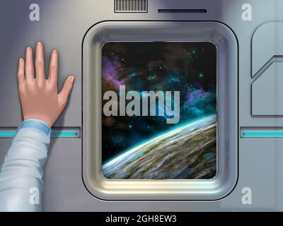 Space explorer looking through a spaceship window. 3D illustration. Stock Photo