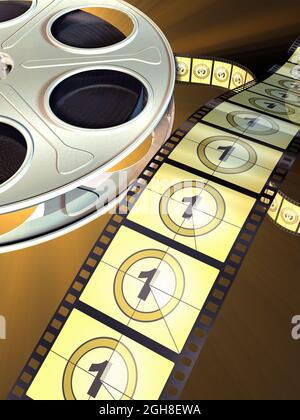 Movie film reel on dark background. Countdown shown on celluloid. Digital illustration. Stock Photo