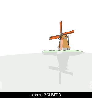 windmill in netherlands hand drawn illustration vector isolated on white background Stock Vector
