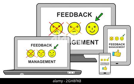 Feedback management concept shown on different information technology devices Stock Photo